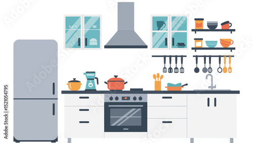 A well-designed kitchen interior vector illustration, featuring appliances and utensils. The image has a clean, modern style.