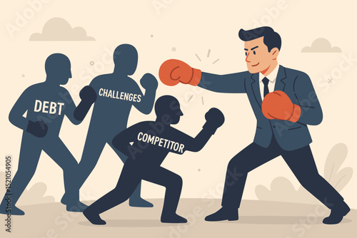 Determined Businessman Fighting Business Challenges, Debt, and Competitors. Entrepreneur Overcoming Obstacles, Adversity, Competition, and Financial Problems with a Strategic Punch.