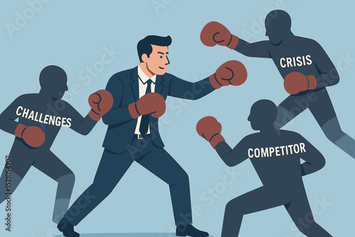 Determined Businessman Boxing Against Business Challenges, Crisis, and Competitors. Fighting Adversity, Conflict, Obstacles, and Problems in a Corporate Battle.