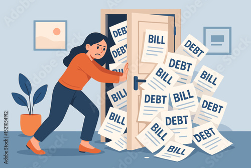 Overwhelmed Woman Pushing Against Financial Debt and Bills Bursting from Door. Concept of Financial Crisis, Bankruptcy, Loan Problems, and Economic Stress.