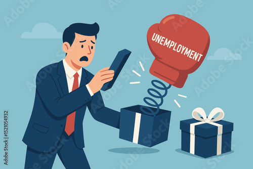 Surprise Unemployment Job Loss Concept. Businessman Shocked by Punch from Jack-in-the-Box, Unexpected Career Termination, Economic Crisis, Fired, Layoff Metaphor