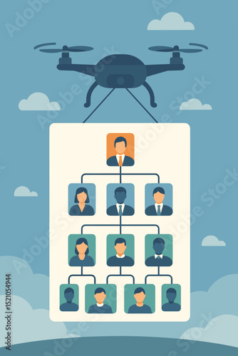 Future corporate management and hierarchy concept with drone overseeing organizational chart. Automation in business structure, employee surveillance and monitoring. Modern company leadership.