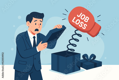 Unemployed man shocked by sudden job loss. Boxing glove with "Job Loss" springs out of a surprise gift box, symbolizing unexpected termination, business crisis, unemployment.