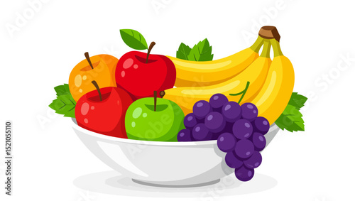 A vibrant vector illustration showcasing a bowl filled with various colorful fruits, including apples, bananas, and grapes. Perfect for healthy eating and lifestyle themes.