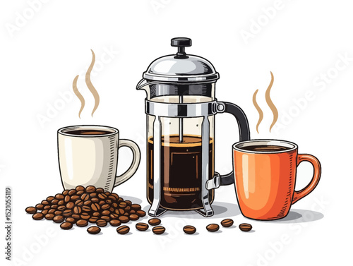 A vector illustration showcasing coffee beans, a french press, and two mugs of coffee, with steam rising, all set against a white background.