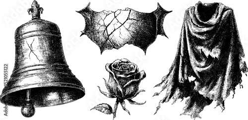 Engraved illustration set featuring silent bell, bat wing, rose, and tattered cloak