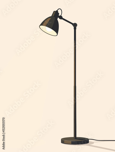 A minimalist vector illustration showcasing a modern black floor lamp, casting a warm glow on a neutral background.