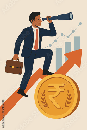 Business professional observing future economic growth. Financial analyst using telescope. Investment planning, strategy, and market vision for success with rupee coin. Foresight development.