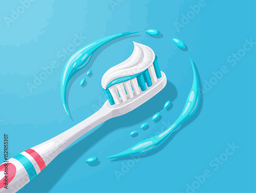 A vector illustration showcasing a toothbrush with toothpaste, dental hygiene, and clean concept on a vibrant blue background.