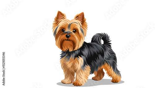 This charming vector illustration features a Yorkie, a small dog with a long, flowing coat and a perky expression, set against a pristine white backdrop.