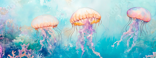 Three jellyfish floating near coral reef under water simulation in a vibrant watercolor illustration of ocean life and underwater world photo