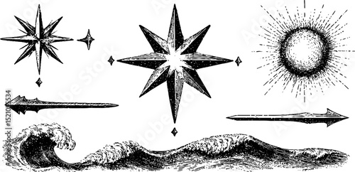 Vintage engraved star and celestial elements collection for design and decor