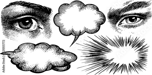 Vintage engraved illustration of speech balloons and eyes for design projects