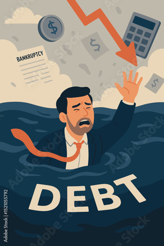 Financial desperation, man drowning in a sea of debt, sinking with bankruptcy papers, a calculator, coins, and a falling arrow, symbolizing economic crisis