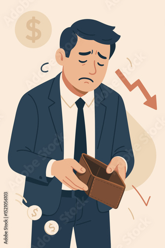 Broke businessman with empty wallet, financial crisis concept. Sad male character facing poverty, debt, and unemployment. Economic recession, bankruptcy, and market crash illustration.