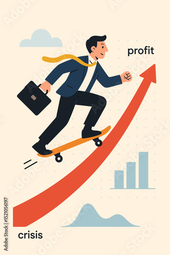 Businessman skateboarding to success, overcoming crisis, achieving profit growth with upward arrow and chart. Business development, career progress, financial improvement vector concept.