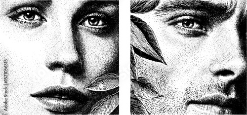 Intricate engraved split portraits with botanical elements