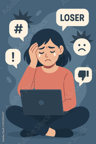 Upset Girl Crying at Laptop. Cyberbullying Victim. Online Harassment. Social Media Abuse. Bullying. Negative Comments. Depression. Sadness. Mental Health Issue. Internet Troll