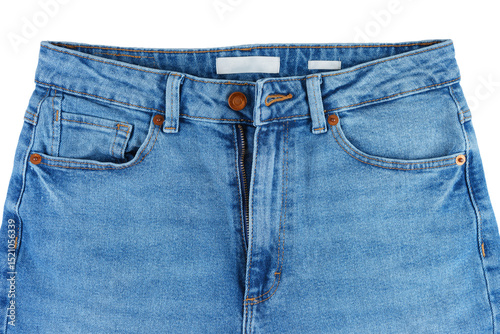 Front side of blue jeans pants. Design details, metal button, waistband, pocket and small pocket close up, macro. Wallpaper, background. Fashion concept, casual wear, business, shopping, sale