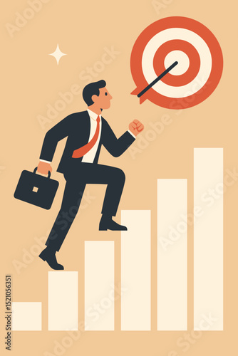 Determined Businessman Climbing Graph Ladder to Hit Target. Achieving Goals, Career Growth, Motivation, and Success. Business Concept Illustration on Beige Background.