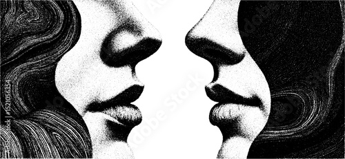 Intricate engraved split portraits design highlighting symmetry and contrast