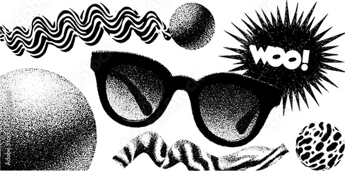 Retro pop art elements with squiggle lines and sunglasses design for prints and posters