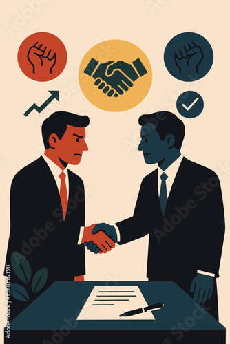 Strategic alliance forged through tense negotiation: Businessmen handshake over signed contract. Contrasting emotions, fist and checkmark icons. Partnership, agreement, corporate growth vector.