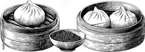 Traditional chinese cuisine: engraved set of steamed buns and bamboo steamers