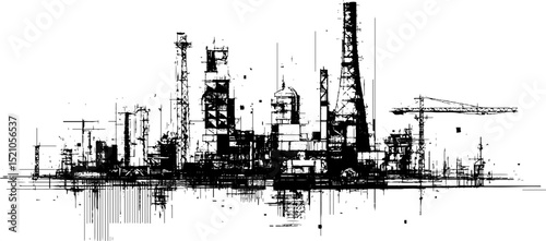 Industrial landscape with steel girders and construction scene in detailed engraved style