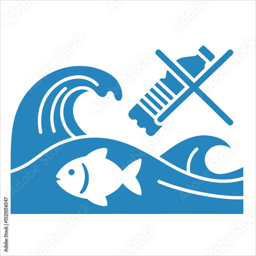 Ocean Waves Vector Art with Fish Icon and No Bottle Modern Seascape Vector Illustration