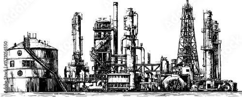 Industrial architecture engraving illustration featuring steel girders and machinery structures