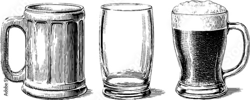 Vintage engraved beer stein and mug set with foam design for bar menus