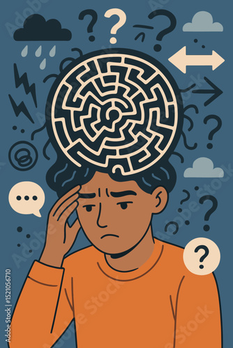 Mental health concept. Person with chaotic thought labyrinth in head. Symbol of confusion, anxiety, stress, indecision, overthinking. Psychological maze, mental clutter, inner turmoil. Vector art.