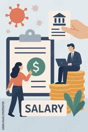 COVID-19 relief, financial aid illustration. Salary support, government assistance program, economic stimulus during pandemic. Business recovery, unemployment benefits, online application, money help.