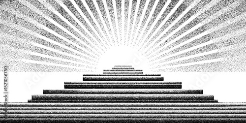 Intricate engraved illustration of ancient stepped ziggurat with radiant sunburst