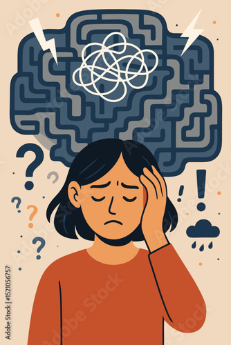 Chaotic thought labyrinth. Woman anxiety stress. Tangled mind. Mental health. Confusion overthinking. Psychological distress. Headache brain fog. Depression psychology. Mental illness. Vector.