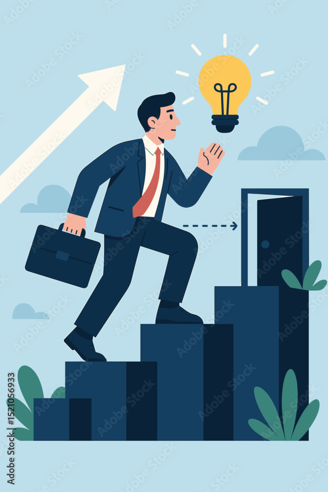 Obraz premium Businessman Seize Opportunities Climb Stairs Idea Lightbulb Door Career Growth Success Vector. Professional Ambition Progress Innovation Solution Strategy Goal Achievement Future Concept Art