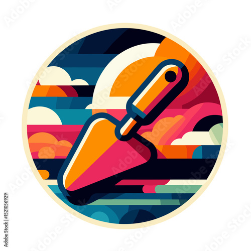 Hand trowel illustration with vibrant colors and abstract design on a transparent background