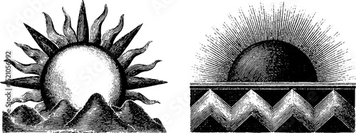 Engraved sun crest and wedge designs - vintage artistic elements for creative projects