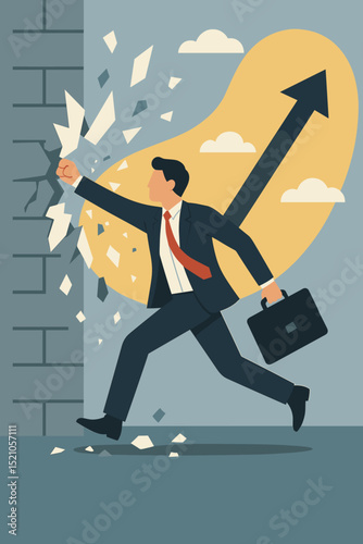 Breaking Career Barriers: Determined businessman punching brick wall, overcoming obstacles for professional success and growth. Conceptual illustration of ambition, progress, and breakthrough.