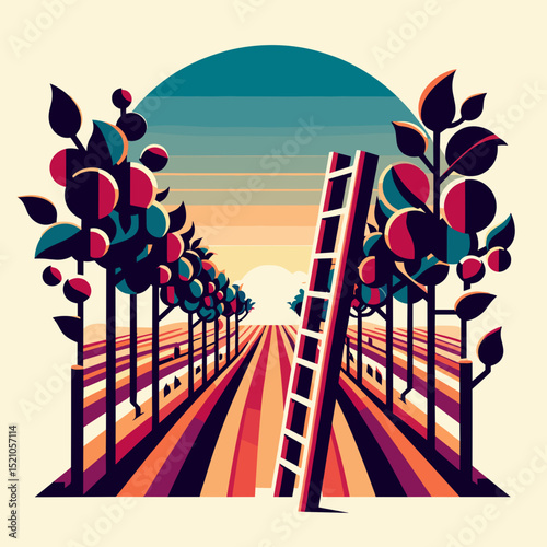 Ladder in vineyard illustration with vibrant colors and abstract landscape design