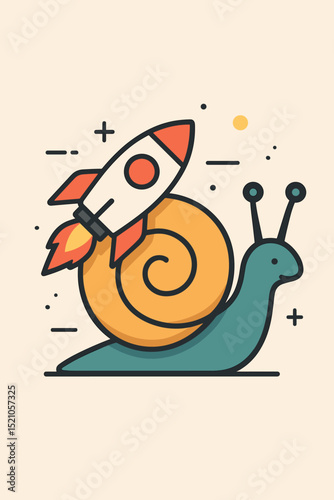 Speedy snail with rocket innovation metaphor for business growth and fast progress. Cartoon vector illustration concept of acceleration, development, startup boost, achieving goals quickly.