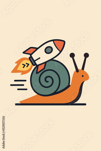 Fast snail with rocket achieving rapid progress. Business metaphor for innovation, acceleration, growth, efficiency. Startup boost concept. Overcoming limitations. Speedy gastropod. Cartoon vector.