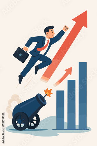 Soaring Success: Businessman Launched by Cannon Towards Rising Graph. Metaphor for Career Growth, Financial Achievement, Startups, and Business Ambitions