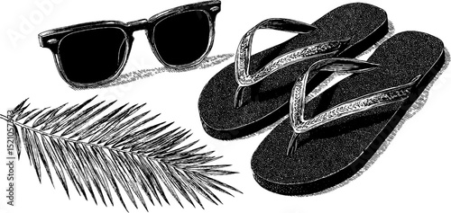 Vintage summer accessories with sunglasses and flip flops engraving design