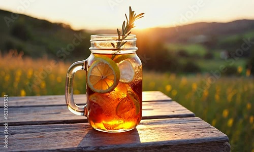 Refreshing iced beverage with lemon and rosemary in a jar, set against a sunset-lit field