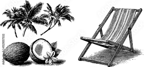 Tropical beach essentials with coconut, palm trees, and deck chair