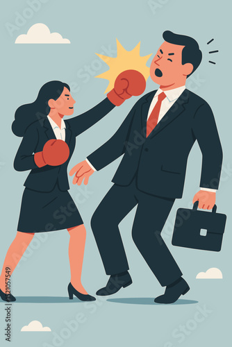 Businesswoman Boxer Knocks Out Businessman. Victory, Strength, and Female Empowerment. Confrontation, Competition, Success. Fighting for Equality. Metaphor. Rivalry, Challenge.