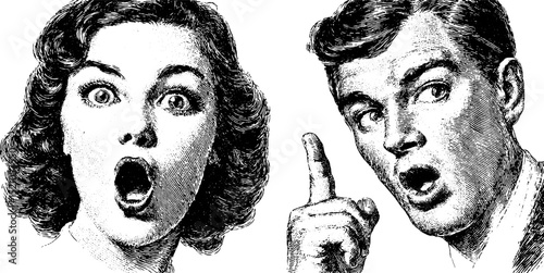 Vintage engraved illustration set of surprised faces for retro design