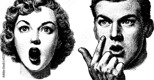 Retro engraved expressions of surprise and curiosity in vintage portraits
